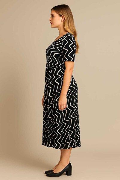 Şans Women's Plus Size Beige-Black, Crew Neck Viscose Dress 65N39156