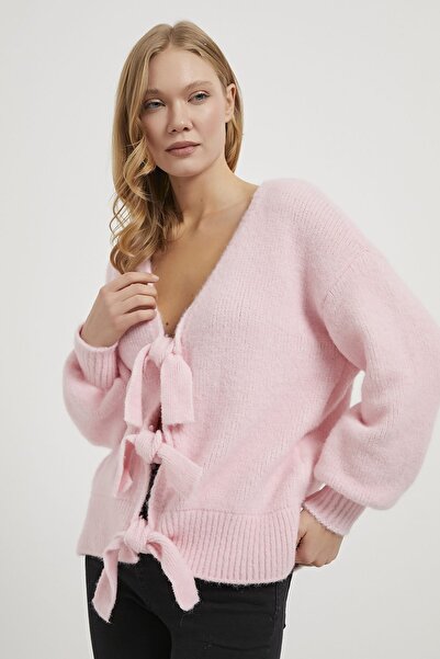 Arma Life Kadın Ön Bağlama Dokulu Oversize Pembe Triko Hırka