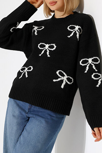 MILANOFOX Women's Bow Patterned Soft Textured Black Knitwear Sweater