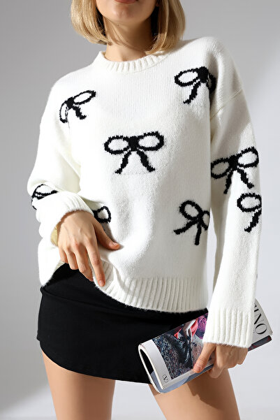 MILANOFOX Women's Bow Patterned Soft Textured Ecru Knitwear Sweater
