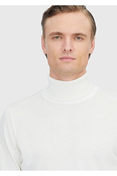 Ramsey Ecru Full Turtleneck Plain Knit Wool Blended Sweater Sweater