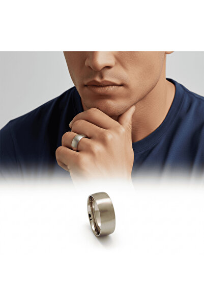 Tesbihane Silver Color Classic Design 316L Quality Stainless Steel Men Ring Wedding Band - 21 Size