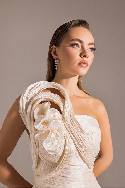 Kenzel Omuzu Detaylı Pliseli Kloş Abiye Elbise