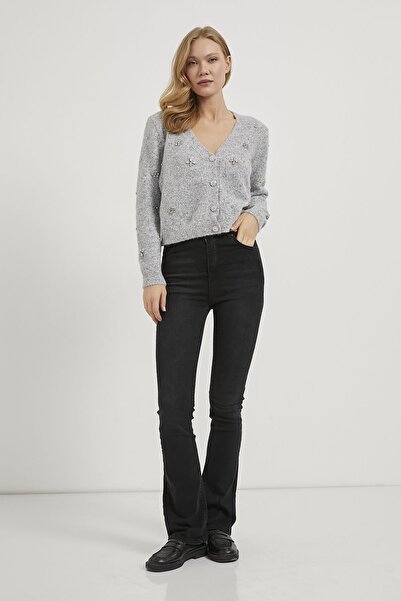 Arma Life Women's Stone Patterned Textured Gray Short Knit Cardigan