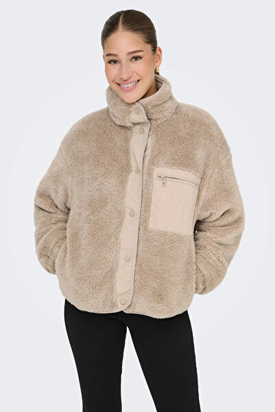 ONLY Women's Onlcontact Stand Collar Fleece Coat 15349417 Beige