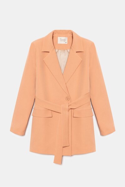 Saade Salmon Women's Single Button Woven Double Breasted Blazer Jacket - Belted