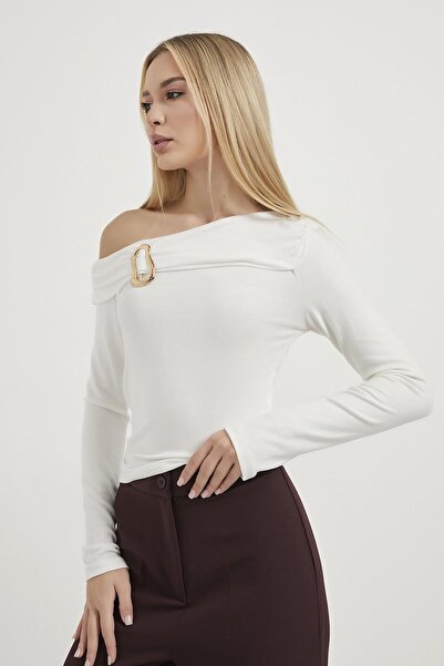 Modasultan Women's Gold Accessory Detailed One Shoulder Long Sleeve Flexible Viscose Combed Blouse