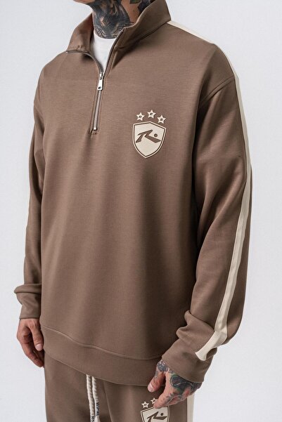 Respire Men's Stripe Detailed Half Zipper Modal Sweatshirt Mink