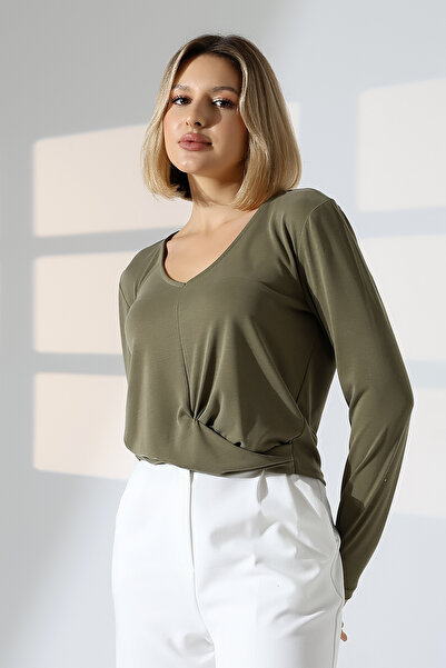 DİVİSTA Γυναικεία μπλούζα με μακρυμάνικο λαιμόκοψη σε χακί χρώμα