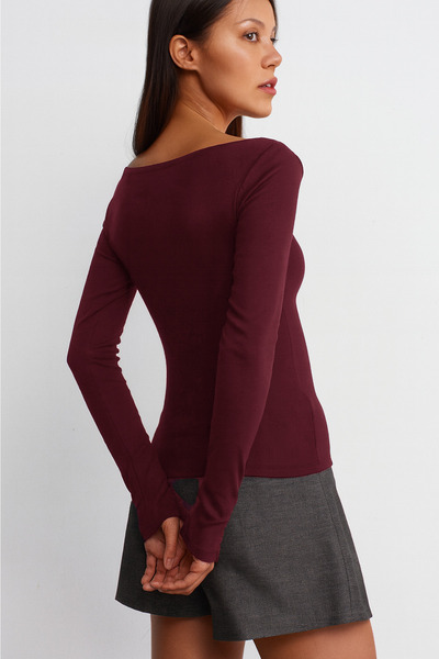 VODENS Dark Burgundy Boat Neck Long Sleeve Top 100% Cotton