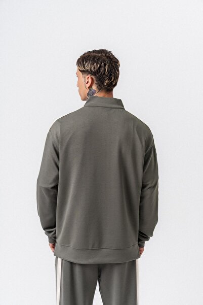 Respire Ανδρικό φούτερ με λεπτομέρεια ρίγες, μισό φερμουάρ, χακί