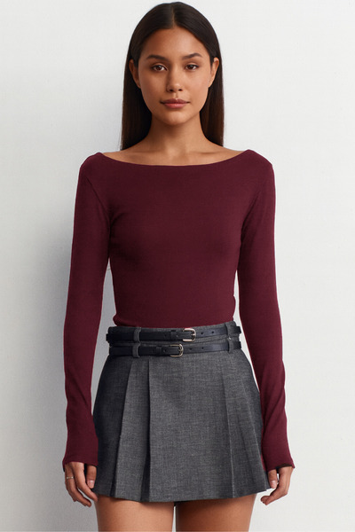 VODENS Dark Burgundy Boat Neck Long Sleeve Top 100% Cotton