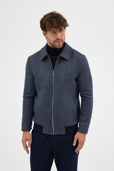 Frappoli Jorge Men's Navy Blue Houndstooth Short Cashmere Coat with Zipper and Ribbed-Elasticated Hem