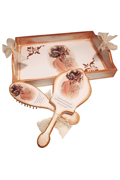 mixartstudiobym Set Gatitul Miresei Personalizat – Tava, Oglinda si Perie cu Design Elegant si Ilustratie Mireasa