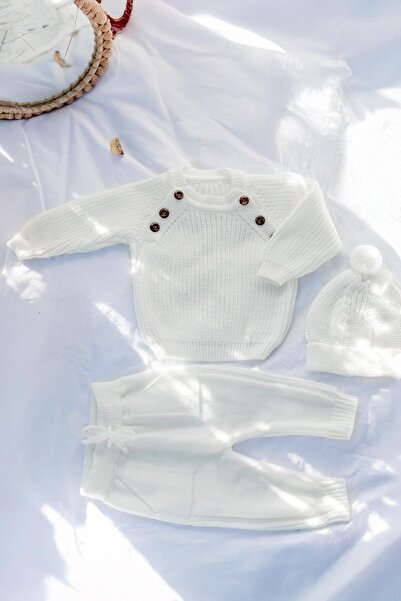 miabambim Knitwear Beret Side Buttoned Top and Bottom Set Baby Set Ecru