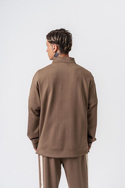 Respire Men's Stripe Detailed Half Zipper Modal Sweatshirt Mink