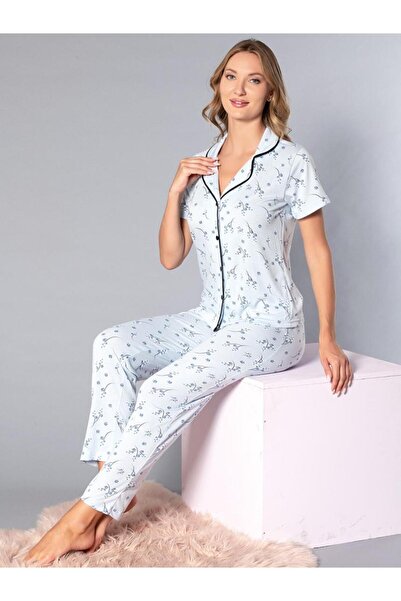 Poppy Boydan Düğmeli Kısa Kollu Gömlek Pijama Takımı - Yazlık Çiçek Desenli Y...