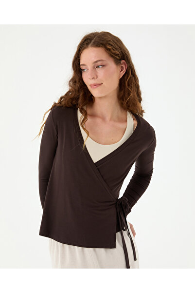 Ayma Active Brown Wrap Tie Blouse