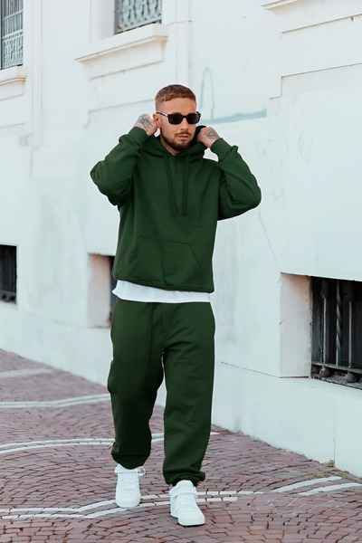 YAKAMEL طقم بدلة رياضية رجالي بقلنسوة كبيرة الحجم مصنوع من 3 خيوط