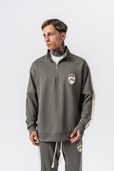 Respire Ανδρικό φούτερ με λεπτομέρεια ρίγες, μισό φερμουάρ, χακί