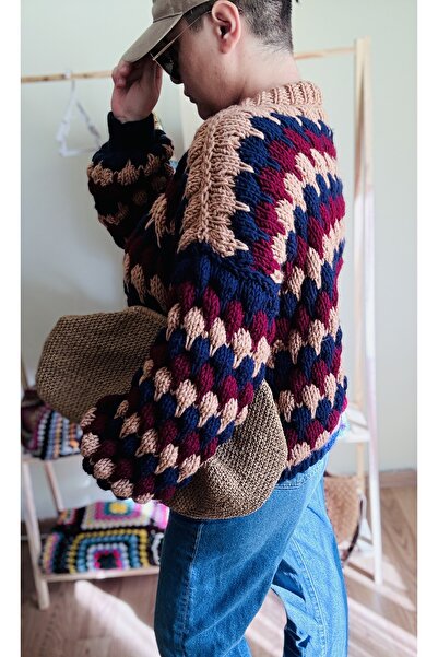 simarikcraft El Örgüsü Oversize Balon Kol Kadın el örgüsü Kazak | Kalın Örgü, Renkli Desenli, Kışlık, M-L Beden