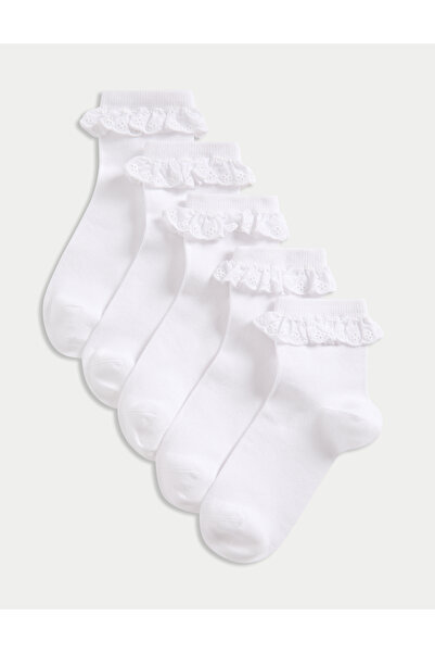 Marks & Spencer 5'li Saf Pamuk Karışımlı Broderie Frill Okul Çorabı