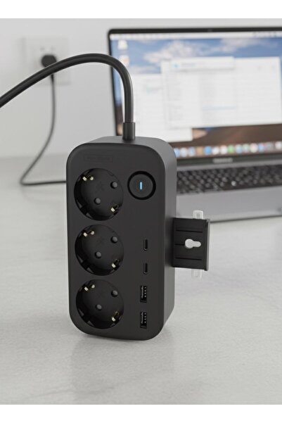 MATECHNO Isı Dayanıklı Duvar Askılı Telefon Tutucu 3'lü Priz 2xUSB 2xType-C Çıkış Anahtarlı Priz Uzatma Kablo