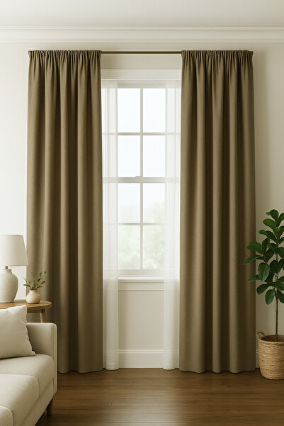 TÜLHOME Twit Keten Fon Perde Haki V.108 PİLESİZ TEK KANAT ( Büzgü Ekstraforlu )