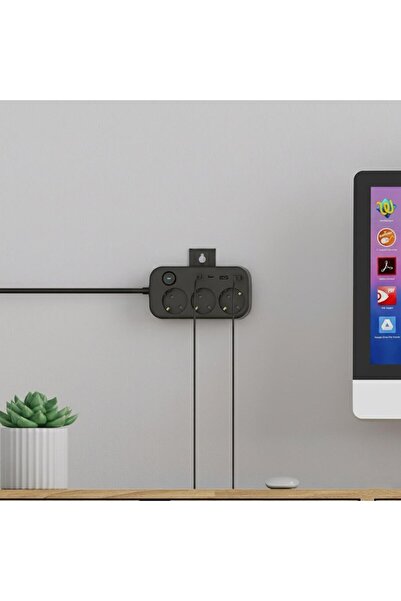 MATECHNO Isı Dayanıklı Duvar Askılı Telefon Tutucu 3'lü Priz 2xUSB 2xType-C Çıkış Anahtarlı Priz Uzatma Kablo