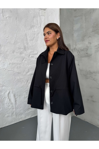 Elif Özbey Butik Siyah Beli İp Detaylı Trenç