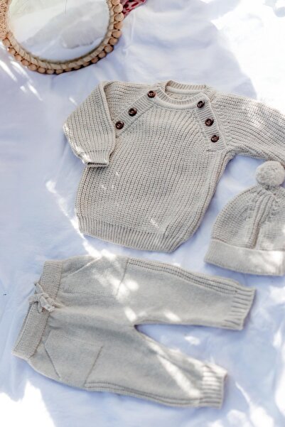 miabambim Knitwear Beret Side Buttoned Top and Bottom Set Baby Set Brown