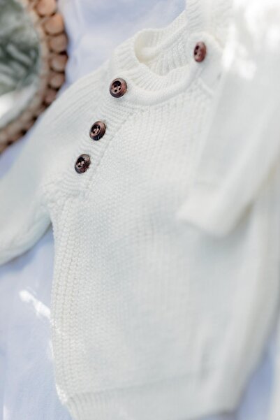 miabambim Knitwear Beret Side Buttoned Top and Bottom Set Baby Set Ecru
