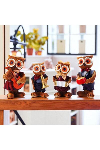 e-life shop Lüks İşlemeli Polyester 4lü Müzisyen Baykuş Ailesi Biblo Seti Ev ...