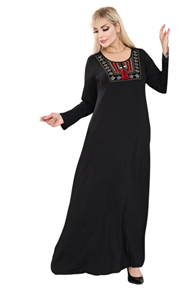 MELSAY Γυναικείο Μαύρο Φόρεμα Μεγάλου Μεγέθους Εθνοτικό Φόρεμα Τζινάκα με Λεπτομέρεια Καμπάνας