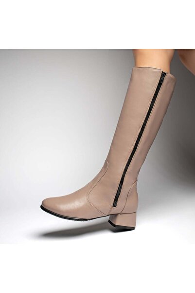 Modlet.ro Women's nude leather long boots with zipper MOD12292