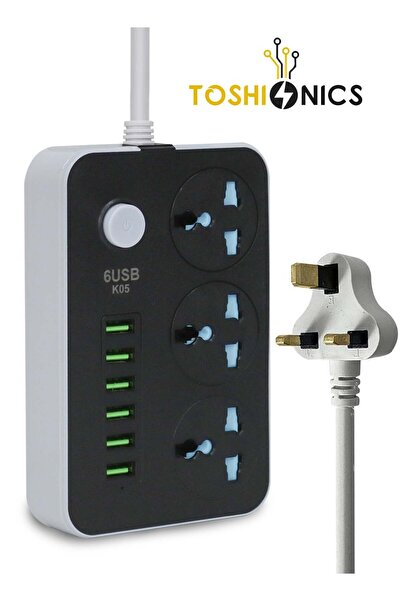 TOSHIONICS 3-Way Power Strip – 6 USB Ports, 2m Cable
