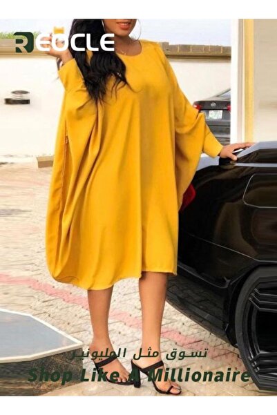 REOCLE Breathable Long-sleeved Dress Skin-friendly Comfortable Loose Elegant Solid Color Skirt Mid-length