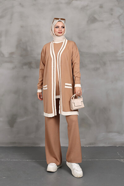 MODAQU Σετ Τριπλό Πλεκτό Παντελόνι Ζακέτα - Καμέλ