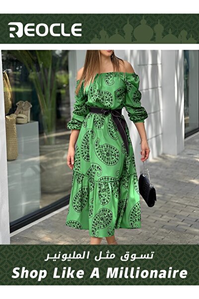 REOCLE One-shoulder Dress with Wide Hem Long Sleeves Mid-length Printed Dress Waist Design