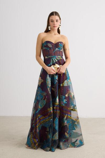 Carmen Fuşya Straplez Jakarlı Abiye Elbise