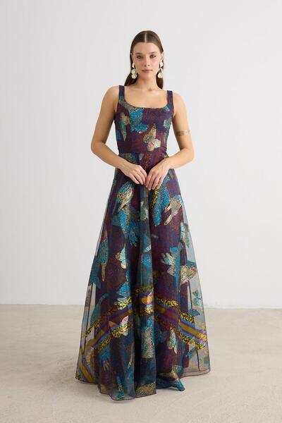 Carmen Fuşya Kare Yaka Jakarlı Abiye Elbise