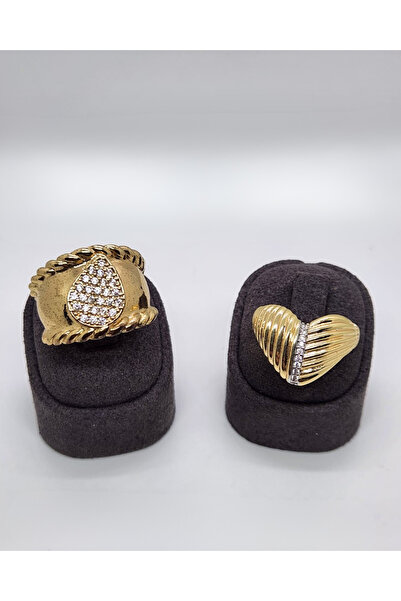 vien silver خاتم نسائي أنيق مكون من قطعتين مع تفاصيل حجرية ذهبية اللون