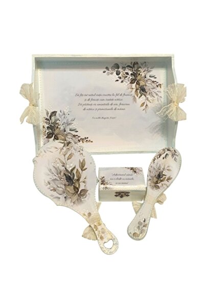 mixartstudiobym Set Gatitul Miresei – Tava, Oglinda, Perie si cutiuta verighete decorate manual