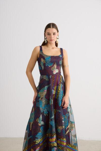 Carmen Fuşya Kare Yaka Jakarlı Abiye Elbise