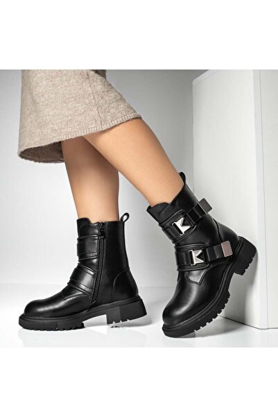 BMoD Ghete negre de damă cu fermoar și cataramă MOD10860