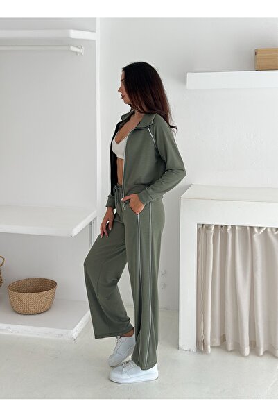 b buhari bykoc Modal Fabric Striped Wide Leg Zippered Tracksuit Set