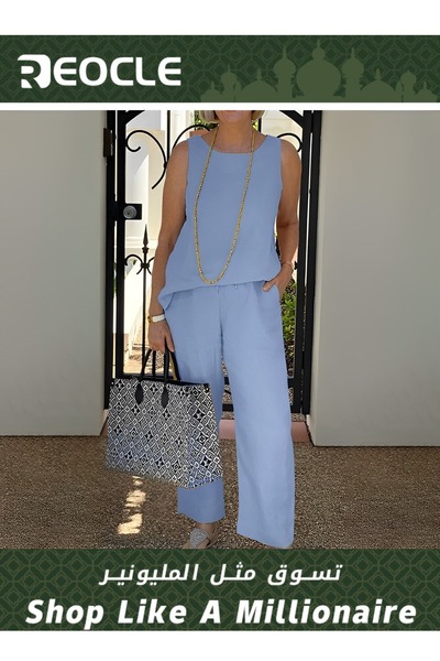 REOCLE Womens Sleeveless Top Nine-point Wide-leg Pants Two-piece Set Cotton & Linen Suit Loose Casual Suit