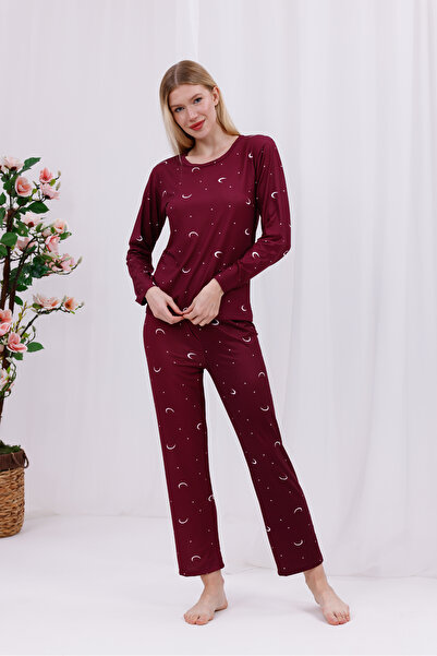 Arvin Pijama Kadın Bordo Ay ve Yıldız Baskılı Yumuşak Dokulu Uzun Kollu Örme Pijama Takımı