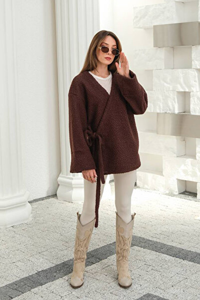 GİYSA Women's Double Breasted Collar Tie Detail Cardigan Brown - 26K 7020