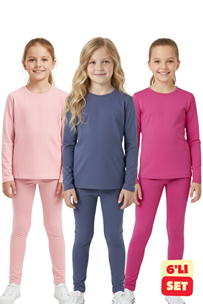Difa Girl's Leggings and Long Sleeve T-Shirt Bottom Top Set 3-Piece Colorful Set (6 Pieces) – Fuchsia Lilac Powder